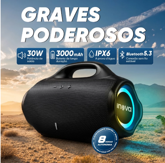 INOVA Caixa de Som Bluetooth 30W Potente IPX6 RGB TWS Bateria 3000mAh 8h Portátil USB TF