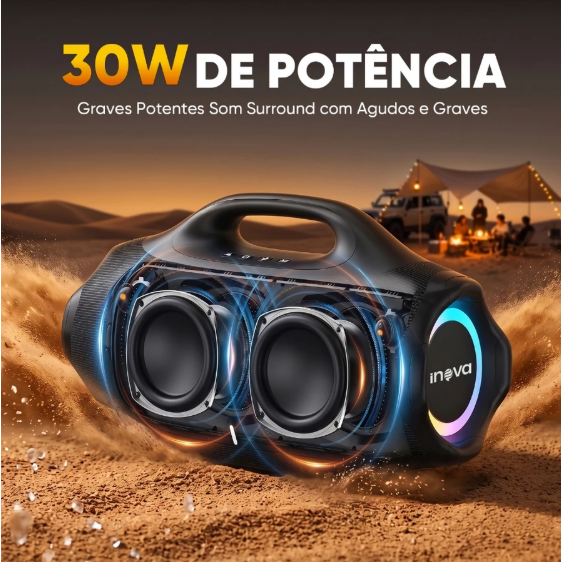 INOVA Caixa de Som Bluetooth 30W Potente IPX6 RGB TWS Bateria 3000mAh 8h Portátil USB TF