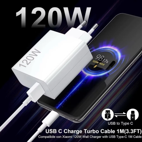 Carregador rápido de 120W com 6A USB C cabo 1M para Mi Turbo Charge Turbo Power Cabo USB + Cabo Tipo C 4.7