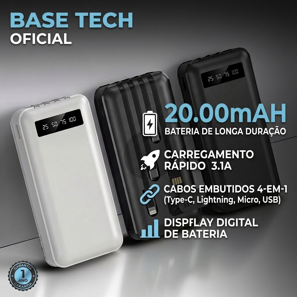 Power Bank 20.000mAh com Cabos Embutidos